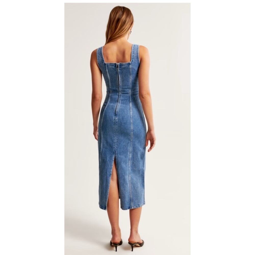 Abercrombie & Fitch Blue Denim Pinafore Column Square Neck Zip Midi Dress XLP - Picture 8 of 8